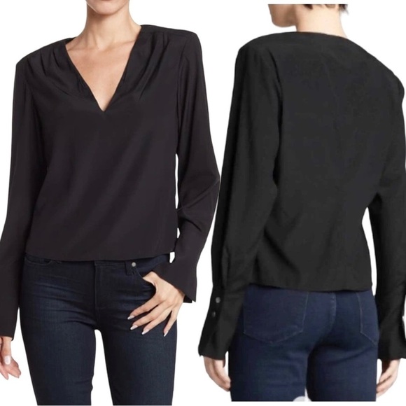 Frame DENIM SILK PLEATED V-NECK LONG SLEEVE BLOUSE TOP - NOIR Size Small - Picture 1 of 11